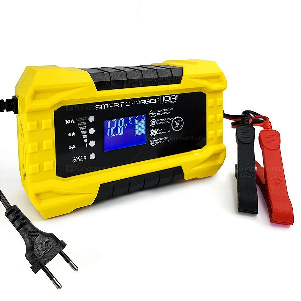 Carregador de Bateria Automotivo Smart Charger 10A Pro 12V 24V Display Digital Indicador Carga Caminhão Carro Moto