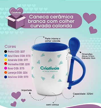 Caneca de Cerâmica Branca com Alça, Interior e Colher  Personalizado