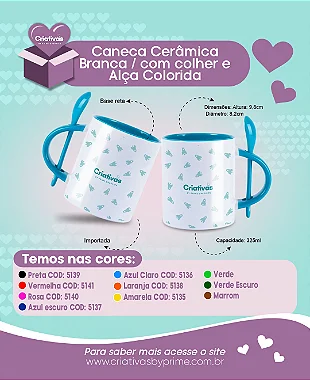 Caneca Reta de Cerâmica Branca com Alça e Colher colorido