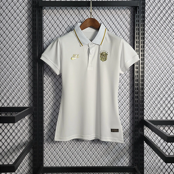 Camisa Brasil Polo Branca/Dourada 2022/2023 - Feminina - Fut Camisas Sports
