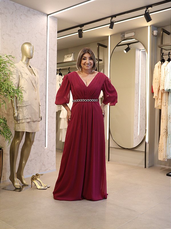 Vestido Longo Marsala com Fita Bordada