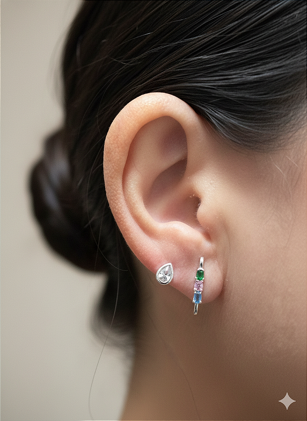 Brinco prata duplo zirconia colorida + gota zircônia cristal