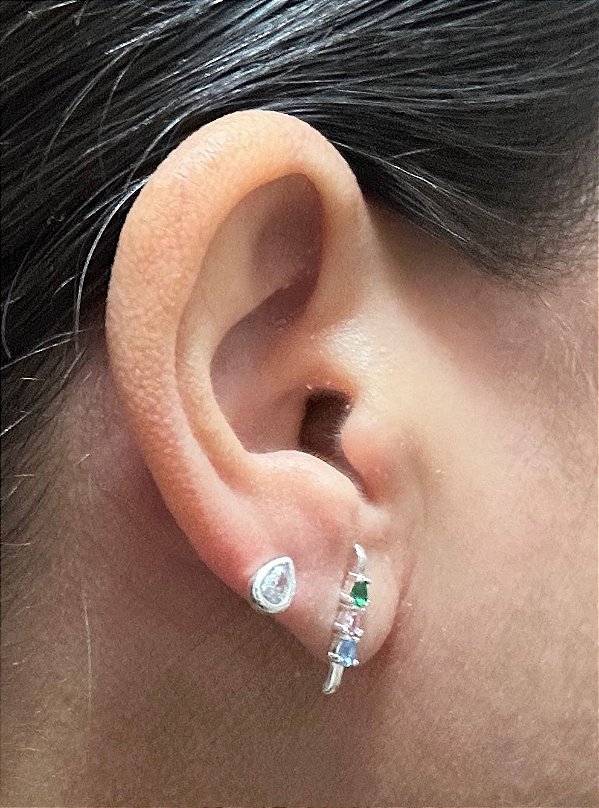 Brinco prata duplo zirconia colorida + gota zircônia cristal