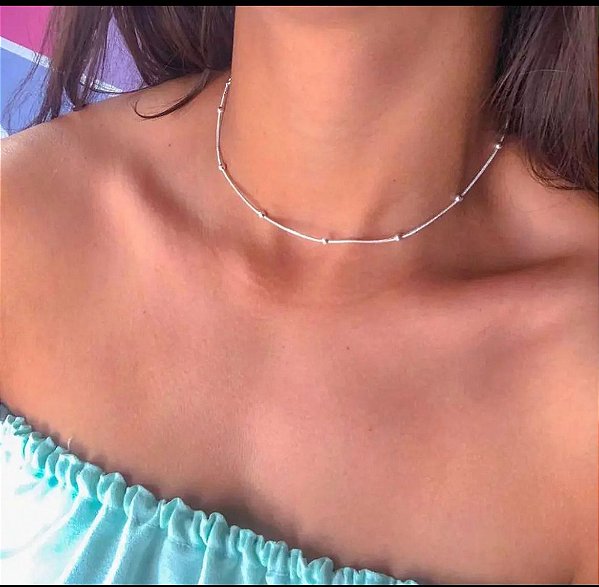 Gargantilha veneziana prata micro esferas 40cm