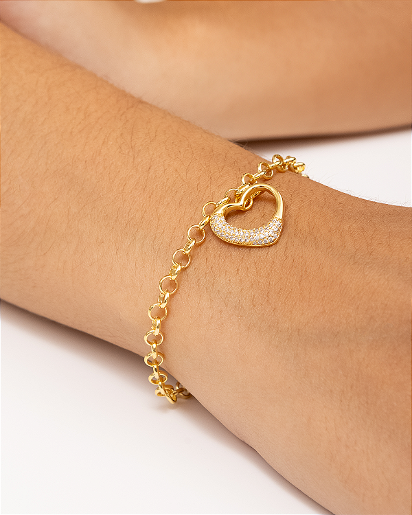 Pulseira Coração Dourado com Zircônia