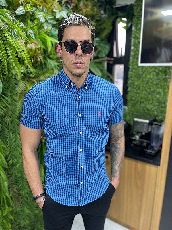 Camisa social manga curta xadrez pônei tradicional Ralph Lauren