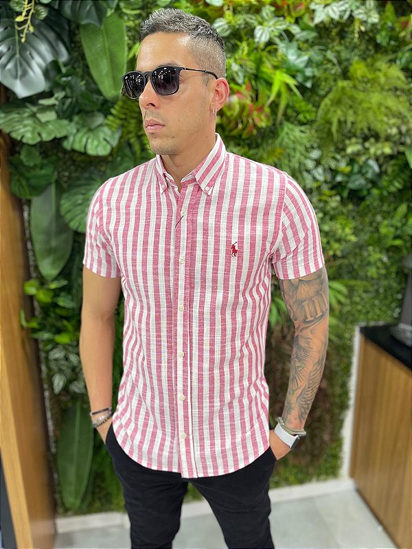 Camisa de linho listrada manga curta