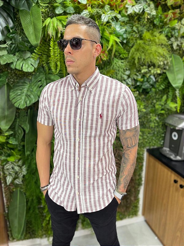 Camisa de linho listrada manga curta