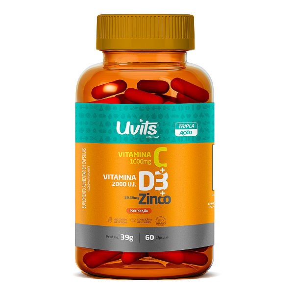 Vitamina C 1000mg D3 2000ui Zinco 2959mg 60 Cápsulas Uvits Uvits A Melhor Loja Online 0841