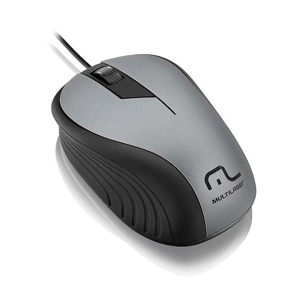 Mouse Com Fio Multilaser MO225, Conexão USB, 1200dpi, Cabo de 130cm, 3 Botões, Textura Emborrachada, Cinza
