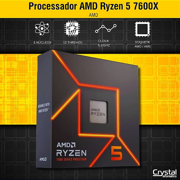 Processador AMD Ryzen 5 7600X, 4.7GHz, 5.3GHz Turbo, 6 Cores, 12Threads, 39MB Cache, AM5, Sem Cooler, 100-100000593WOF