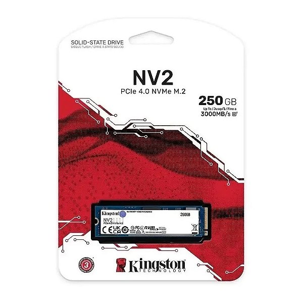 SSD Kingston NV2 250GB, M.2 NVMe, 2280, Leitura 3000MBs e Gravação 1300MBs, SNV2S/250G