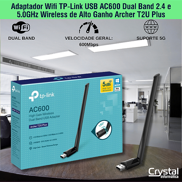 Adaptador Wifi TP-Link USB AC600 Dual Band 2.4 e 5.0GHz Wireless de Alto Ganho Archer T2U Plus