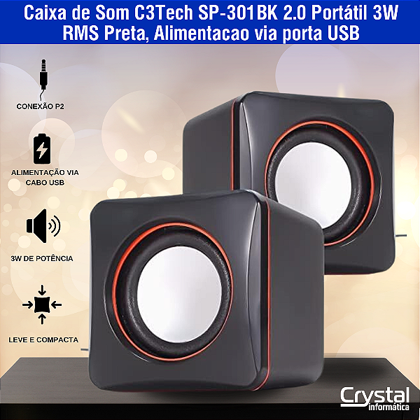 Caixa de Som C3Tech SP-301BK 2.0 Portátil 3W RMS Preta, Alimentacao via porta USB