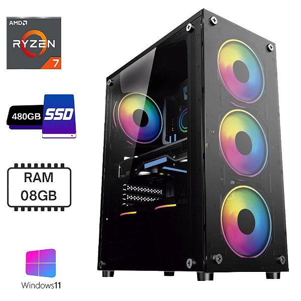 Computador Gamer Ryzen 7 5700G, 8GB DDR4, NVMe 480GB, Placa Mâe Asus, Windows 11, 1 ano de garantia