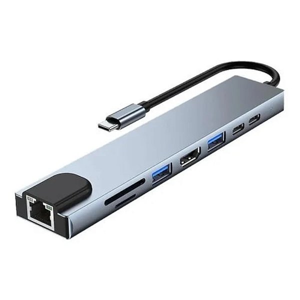 HUB USB-C, HDMI, Cartão Micro SD, USB 3.0 RJ45 8x1