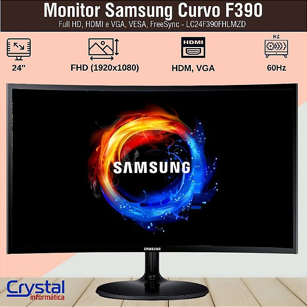 Monitor Samsung 24 LED Curvo Full HD, HDMI e VGA, VESA, FreeSync - LC24F390FHLMZD