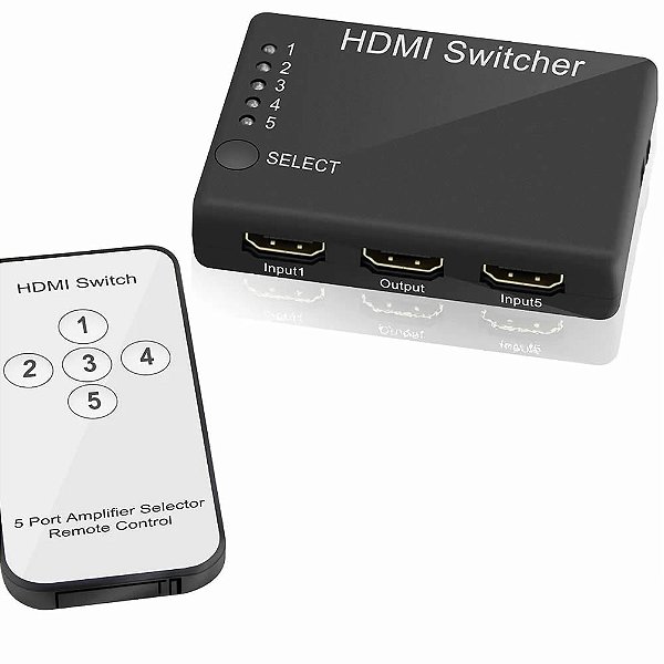 HUB HDMI 5 Entradas e 1 Saída Com Controle