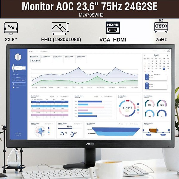 Monitor AOC 23,6" M2470SWH2, VGA e HDMI, Full HD