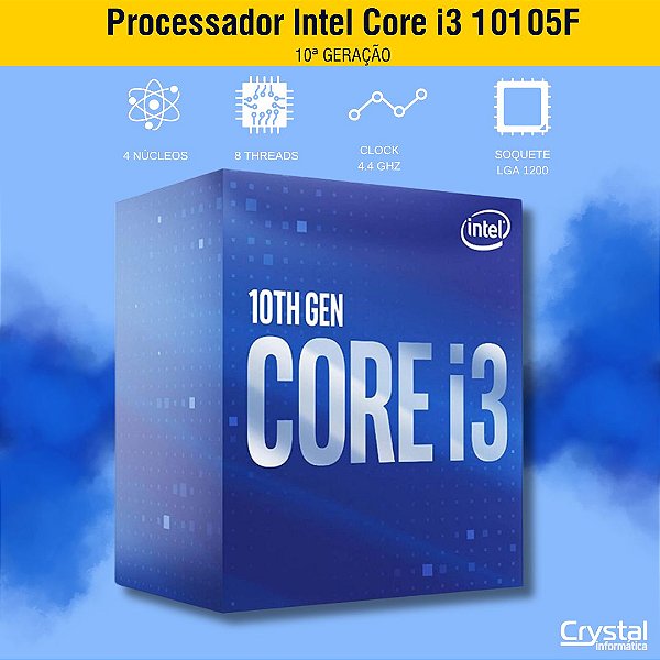 Processador Intel Core i3 10105F 10ª Geração 3.7GHz 4.4GHz Turbo, 4 Cores, 8 Threads, 6MB Cache, LGA 1200, BX8070110105F
