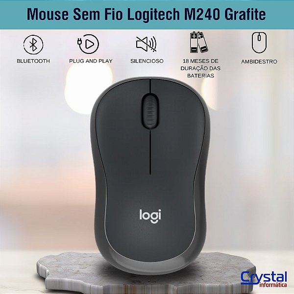 Mouse Sem Fio Logitech M240 Grafite, Bluetooth, Silencioso, Design Ambidestro - 910-007113