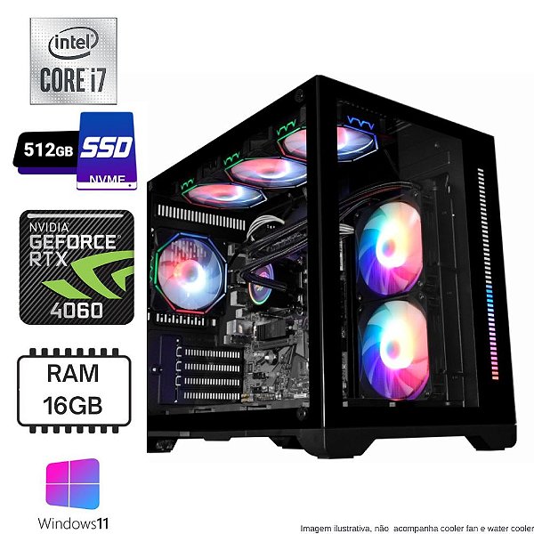 PC Gamer Crystal Com Processador Intel Core i7 10700F, 16GB de Memória, Placa de Vídeo RTX 4060, Windows 11