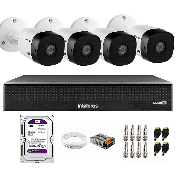 Kit 4 Câmeras Intelbras VHL 1220B Full HD 1080 Lite, DVR Intelbras MHDX 1004-C, HD Purple 1TB, Cabo Coaxial, Cabos e Conectores