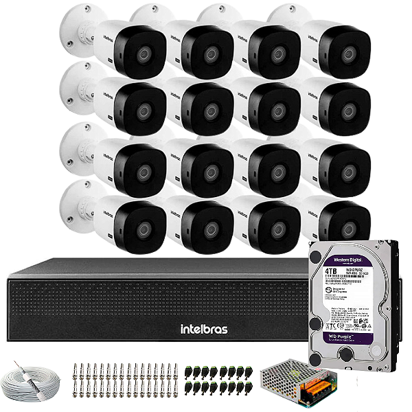 Kit 16 Câmeras Intelbras VHL 1220B Full HD 1080 Lite, DVR Intelbras MHDX 1216, HD Purple 4TB, Cabo Coaxial, Cabos e Conectores