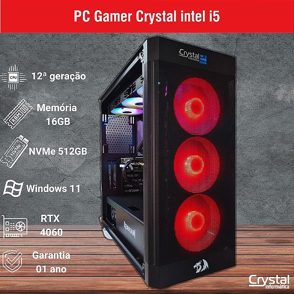 PC Gamer Crystal Com Processador Intel Core i5 12400F, 16GB de Memória, GPU RTX 4060, Water Cooler, Placa B660
