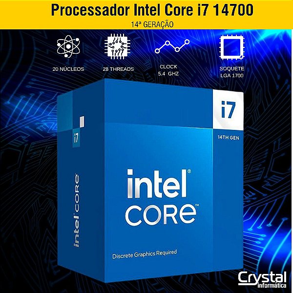 Processador Intel Core i7 14700, 3.4 GHz, 5.4GHz Turbo, 14ª Geração, LGA 1700, BX8071514700
