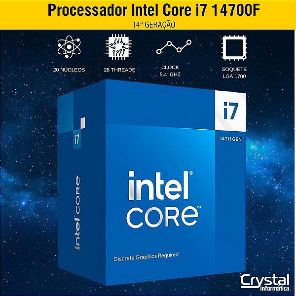 Processador Intel Core i7 14700F, 3.4 GHz, 5.4GHz Turbo, 14ª Geração, LGA 1700, BX8071514700F