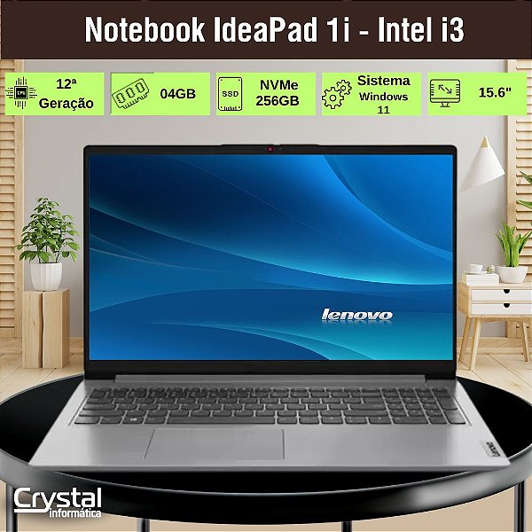 Notebook Lenovo Ideapad 1i I3-1215u, 4GB RAM, SSD 256GB Nvme, 15.6 polegadas, Windows 11, 82VY000TBR