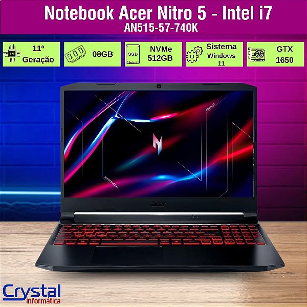 Notebook Gamer Acer Nitro 5 AN515-57-740K, Intel i7-11800H, 8GB, SSD 512GB, GTX 1650, 15.6' FHD, Windows 11 Home