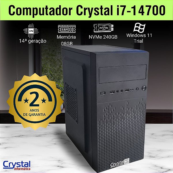 Computador Para Trabalho Crystal Intel I7-14700,  Memória 8GB DDR4, SSD NVMe 240GB, Fonte Real 350W