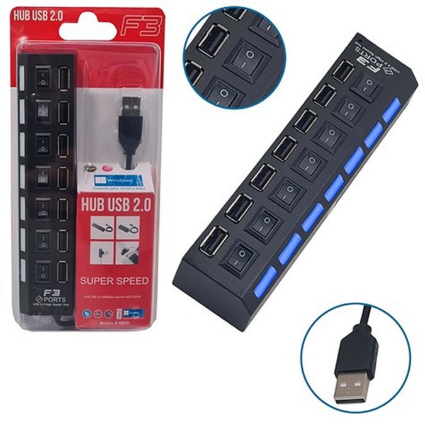 HUB USB 2.0 7 Portas Com Interruptor F3