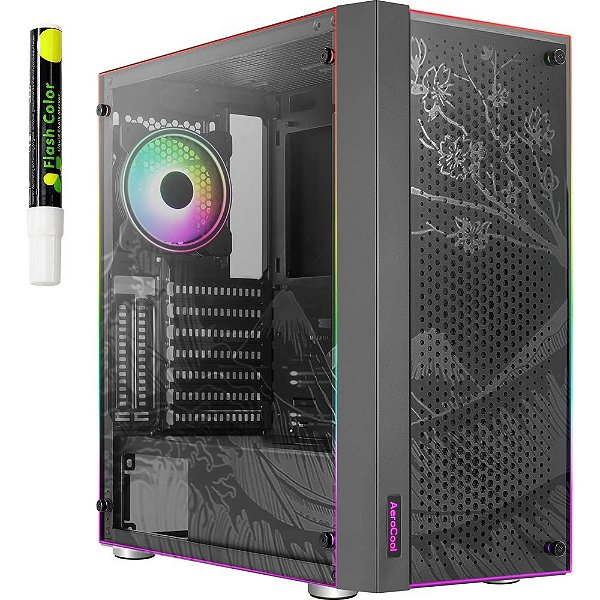 Gabinete Gamer Aerocool Skribble, RGB, Mid Tower, Vidro Temperado, Black, ATX, Sem Fonte, Com 3 Fans