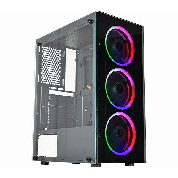Gabinete Gamer K-Mex Divinus CG-AL10, Rainbow, Mid-Tower, Lateral de Video, Com 3 Fans, Preto, CGAL10RH001CB0X