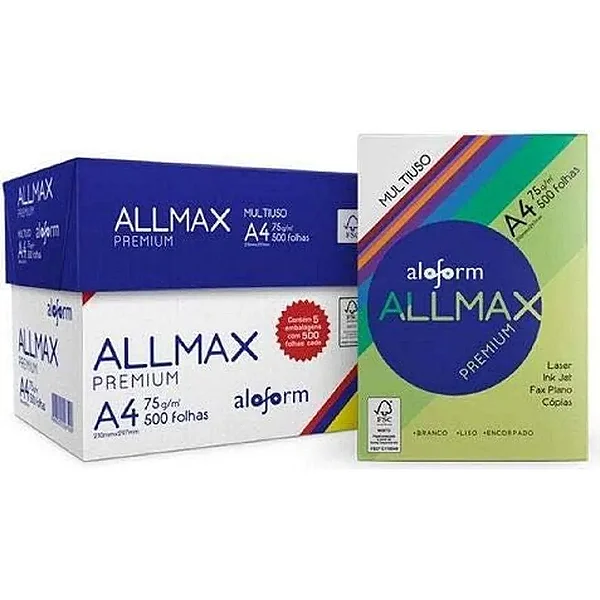 Papel Sulfite A4 75g Caixa Com 5 Pacotes com 500 folhas cada Allmax
