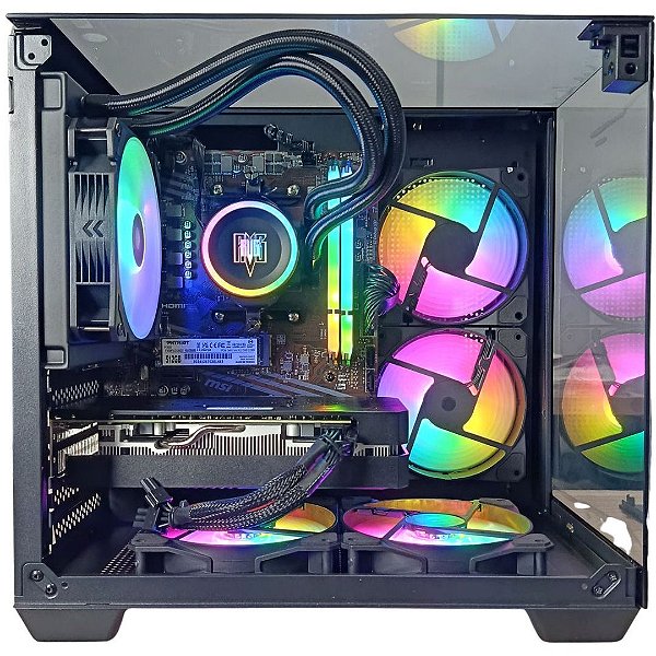 PC Gamer Crystal Aquário Com Processador AMD Ryzen 5 5700, Placa de Vídeo RX580, 32GB Memória, NVMe 512GB, Wi-Fi