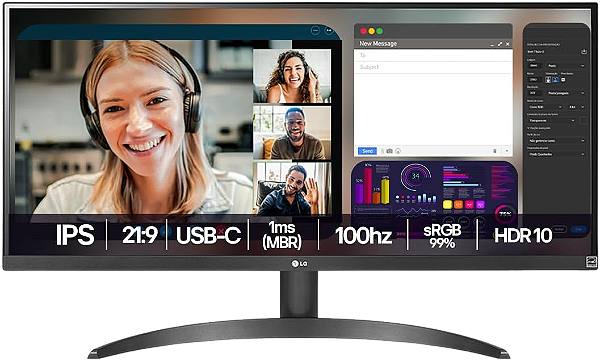 Monitor LG UltraWide™ 29WQ500B-B Tela IPS de 29", 21:9, Full HD, 1ms (MBR), 100Hz, sRGB 99%, HDR10