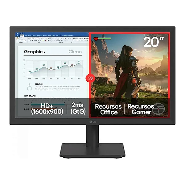 Monitor LG 20 Home e Office LED TN Hd+ 75HZ 2MS, Hdmi, Vga, Head Phone Out, LG Switch, Vesa, 20U401A-B.AWZM