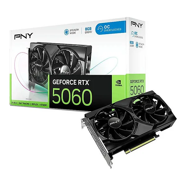 Placa de Vídeo PNY NVIDIA GeForce RTX 5060 Dual OC, 8GB, GDDR7, DLSS, Ray Tracing, VCG50608DFXPB1-O