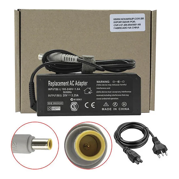 Fonte Carregador Para Notebook Compatível Lenovo 20V 3.25A 4.0x1.7mm