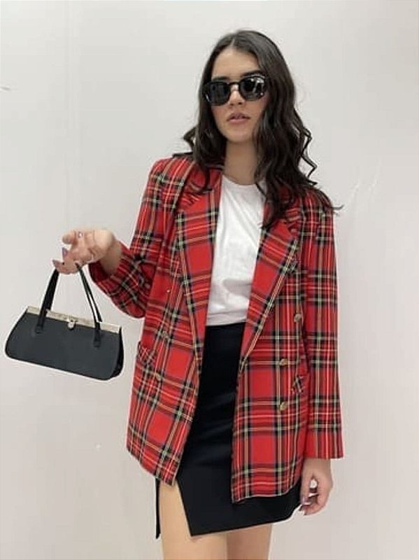 Blazer Alfaiataria Xadrez Vermelho Brechó - Marylu Brechó Online