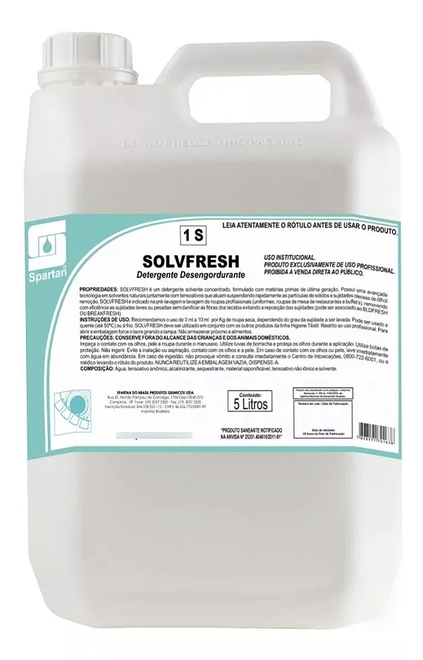 Solvfresh Detergente Solvente Para Tecidos - 5 Litros - Spartan