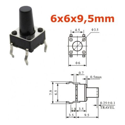 Chave táctil knob para placa 6x6x9,5mm 4 terminais 180º