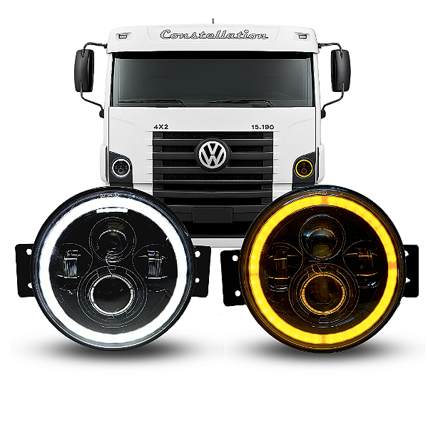 FARÓIS LED ANGEL EYES VW CONSTELLATION COM SUPORTES LANTERNA