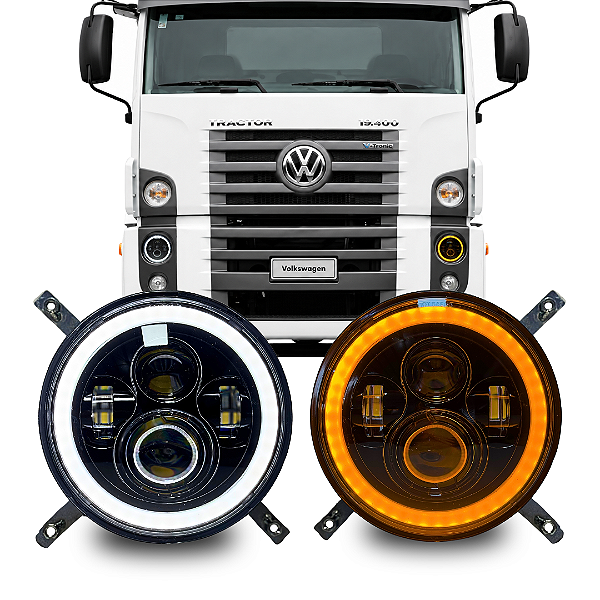 FARÓIS LED ANGEL EYES 6000K VW CONSTELLATION COM SUPORTES PRINCIPAL