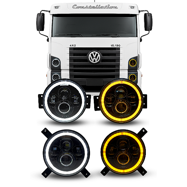 KIT 4 FARÓIS ANGEL LED COM SUPORTES PARA VW CONSTELLATION
