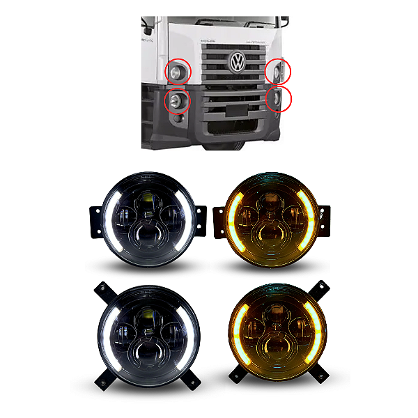 KIT 4 FARÓIS ANGEL LED PARCIAL COM SUPORTES PARA VW CONSTELLATION